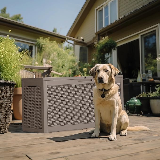 PatioZen 120 Gallon Deck Box,Resin Outdoor Storage Box with Lockable for Patio Furniture, Pool Accessories, Garden Tools Waterproof Outside Storage Box, Grey
