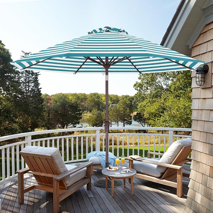 ABCCANOPY OLEFIN® 5-Year No Fading 9FT Patio Umbrella(Turquoise Stripe) | Fade & UV Resistant Fabric,8 Fiberglass Ribs，Wind Vent，Crank Lift & Tilt,Outdoor Table Umbrella for Deck,Backyard,Yard