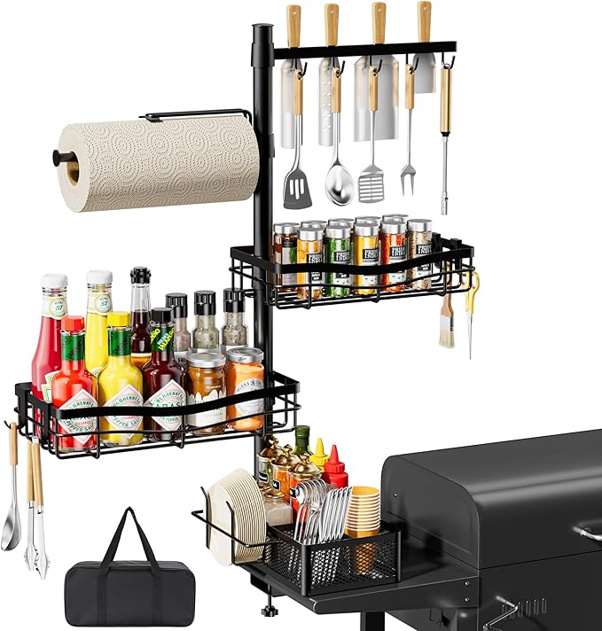 DAOYA Grill Caddy for Outdoor Grill - Griddle Caddy Organizer for Blackstone with Adjustable Seasoning Holder, Paper Towel Holder, BBQ Tool Rack, Portable Carry Bag for Camping Picnic