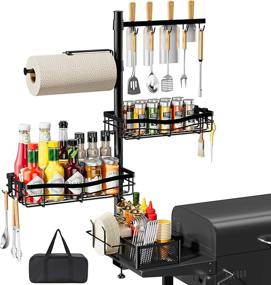 DAOYA Grill Caddy for Outdoor Grill - Griddle Caddy Organizer for Blackstone with Adjustable Seasoning Holder, Paper Towel Holder, BBQ Tool Rack, Portable Carry Bag for Camping Picnic