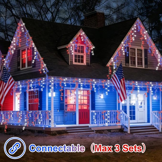 YEGUO 33ft 400 LED Red White and Blue Icicle Lights, 80 Drops 4th of July Icicle Lights for Outside Connectable, 8 Modes Clear Wire Independence Day String Light Indoor with Memory