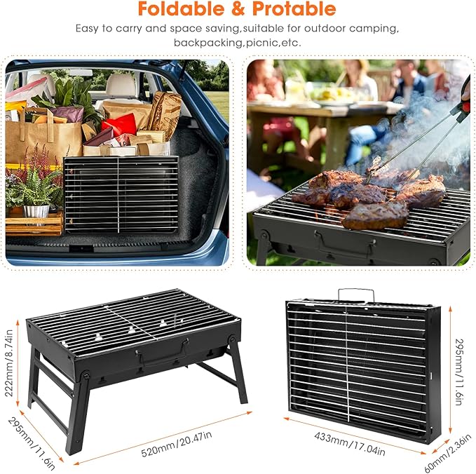 Charcoal Grill, Portable Charcoal Barbecue Grill, Foldable Suitable for Outdoor Camping BBQ, Beach Barbecue, UTEN Smoker Grill for Outdoor Cooking, Camping Hiking Picnics, Black