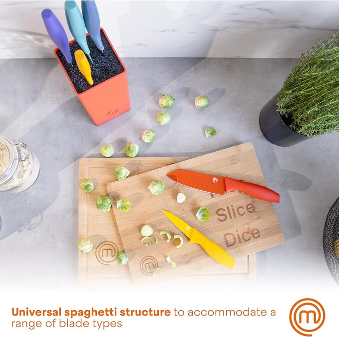 MasterChef Knife Set with Block, 7pc Kitchen Knives Set with Holder, Color | Knife Block Set with Sharp Stainless Steel Blades for Precise Cutting with Non Stick Coating & Soft Touch Easy Grip Handles