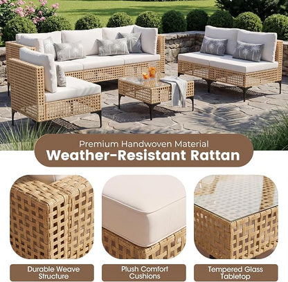 Devoko Patio Furniture Set,7 Pieces Outdoor Wicker Sectional Couch with Thick Cushions &Glass Tabletop, PE Rattan Backyard Conversation Sofa with Coffee Table for Deck, Porch（7pc）
