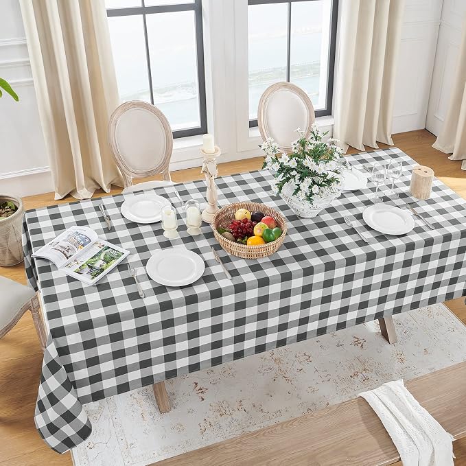 Softalker Gingham Checkered Tablecloth Square - Outdoor Waterproof Buffalo Plaid Table Cloth, Stain Resistant Washable Table Cover for Picnic, Camping, Dining - Grey and White, 54 x 54 Inch