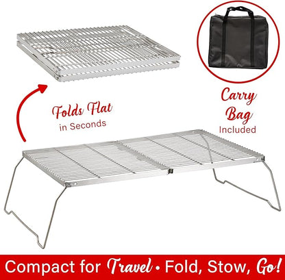Brentwood BB-17X25SS 25” x 17” Heavy Duty Stainless Steel Portable Folding Campfire Grill with Carry Bag