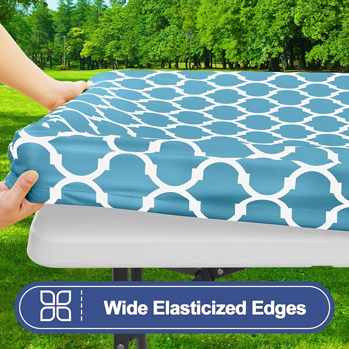 Smiry Picnic Table Cover with Bench Covers, Waterproof Elastic Fitted Tablecloth for 5 Foot Tables, Washable Polyester Tablecloths for Camping, Indoor & Outdoor (Light Blue, 30x60 Inch 3-pc Set)