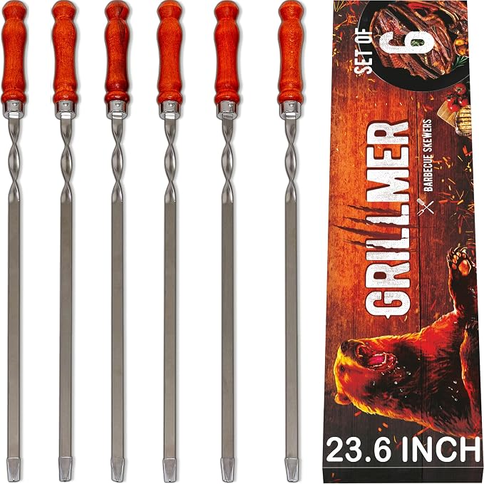 Premium BBQ Skewers with Wooden Handles 23.6" Shish Kabob Skewers Stainless Steel Long & Reusable Kabob Sticks Barbecue Skewers for Grilling Set of 6 Piece (6, 23.6 Inches)