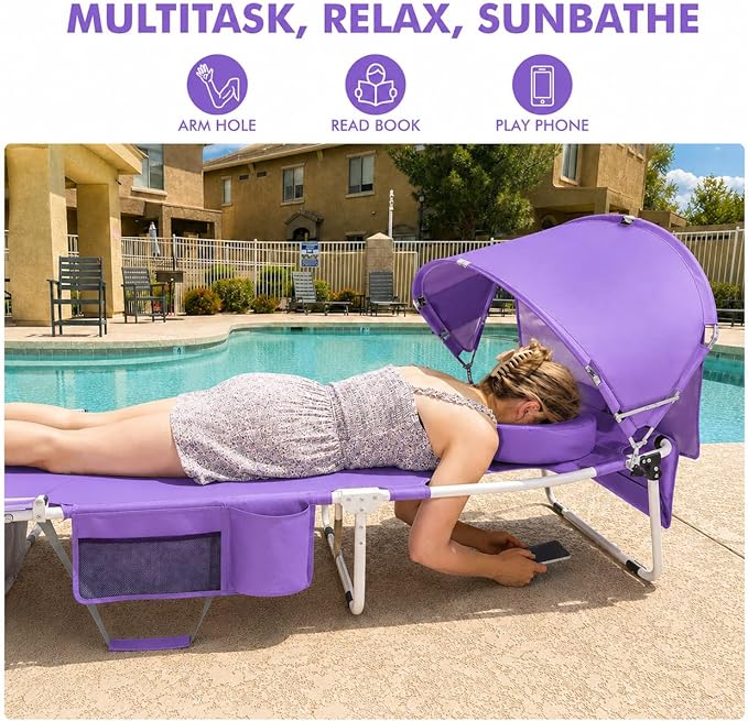 Wheel-To-Go Tanning Chair with Wheels Sun Canopy Umbrella Face Hole Thicker Washable Adjustable, Heavy Duty Folding Lay Flat Sun Lounge Chair Beach Outside Sunbathing Reading, UPF 50+ (Patent Design)