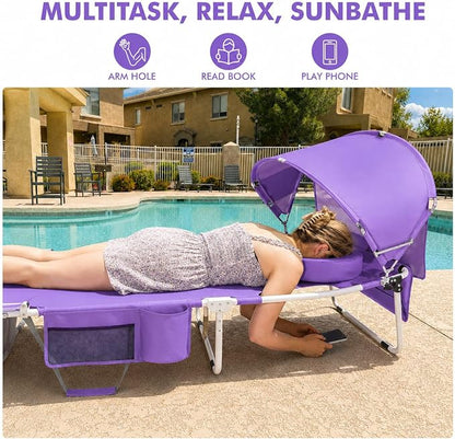 Wheel-To-Go Tanning Chair with Wheels Sun Canopy Umbrella Face Hole Thicker Washable Adjustable, Heavy Duty Folding Lay Flat Sun Lounge Chair Beach Outside Sunbathing Reading, UPF 50+ (Patent Design)