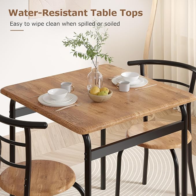 VECELO 3-Piece Dining Table Set for Kitchen Breakfast Nook, Wood Grain Square Tabletop and Metal Frame, for Small Spaces, Vintage Brown