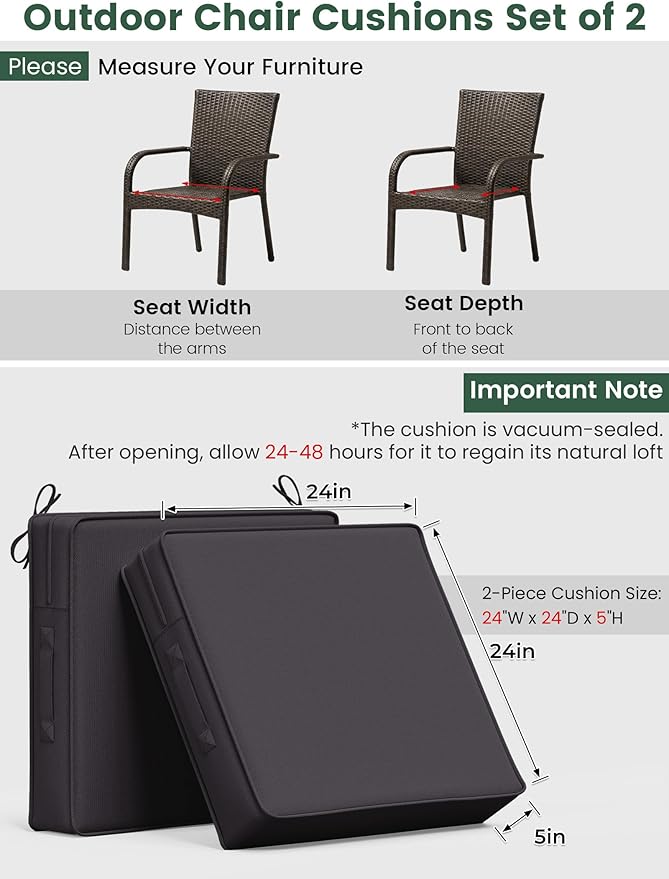 Outdoor Chair Cushion 24 x 24 x 5 Inches Patio Furniture Outdoor Waterproof Seat Cushion, Patio Chair Cushion with Handles and Ties, Square Dining Chair Cushion Set of 2, Grey