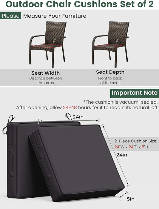 Outdoor Chair Cushion 24 x 24 x 5 Inches Patio Furniture Outdoor Waterproof Seat Cushion, Patio Chair Cushion with Handles and Ties, Square Dining Chair Cushion Set of 2, Grey