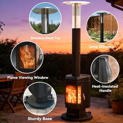 80" Premium Wood Pellet Patio Heater with Glass Window, Portable Pellet Heater with Wheel, Modern Fire Pit for Patio Backyard Garden Villa Outdoor Restaurant, 70,000BTU, FP058