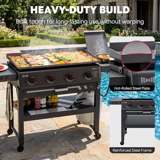 Feasto 36" 4-Burner Propane Griddle w/Side Burner, 63,000 BTU, 720 Sq.In. | Outdoor Flat Top Grill w/Grease Cup & Foldable Side Table, for Patio Backyard BBQ, Black
