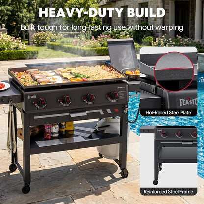 Feasto 36" 4-Burner Propane Griddle w/Side Burner, 63,000 BTU, 720 Sq.In. | Outdoor Flat Top Grill w/Grease Cup & Foldable Side Table, for Patio Backyard BBQ, Black