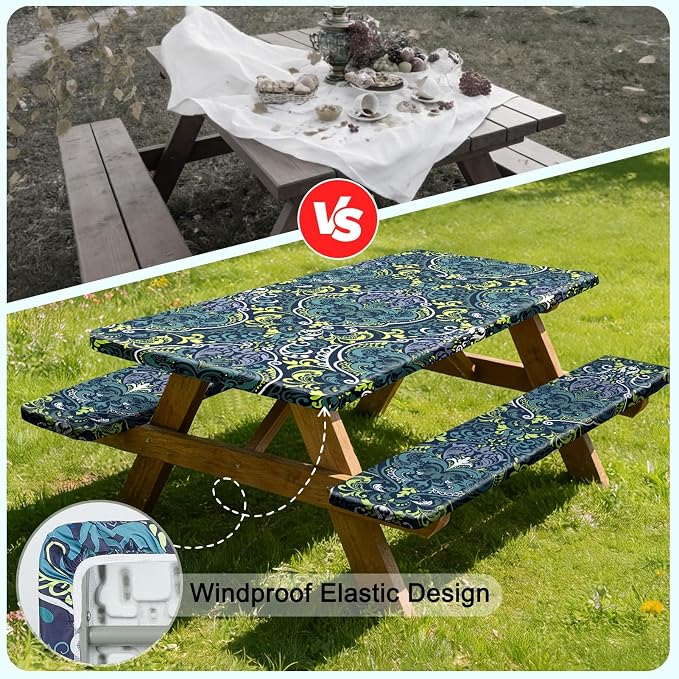 Picnic Table Cover with Bench Covers Windproof Waterproof Picnic Table Covers Camping Tablecloth with Self-Storage Bag, 72in, Boho Blue