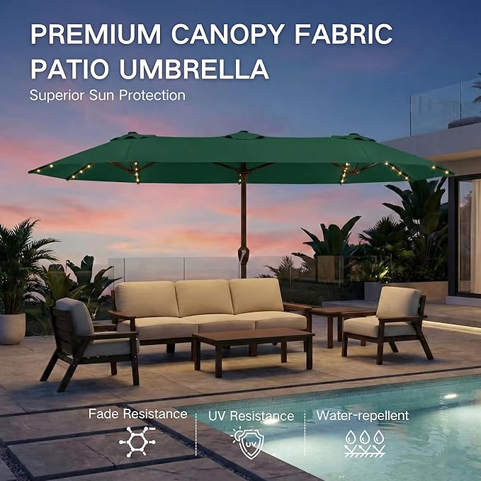 Kingdura 15ft Large Patio Umbrella with Solar Lights, Double-Sided Rectangle Outdoor Table Umbrella with Base Included, 12 Reinforced Ribs, 48 Led Lights, Crank Lift for Market Pool Deck, Dark green