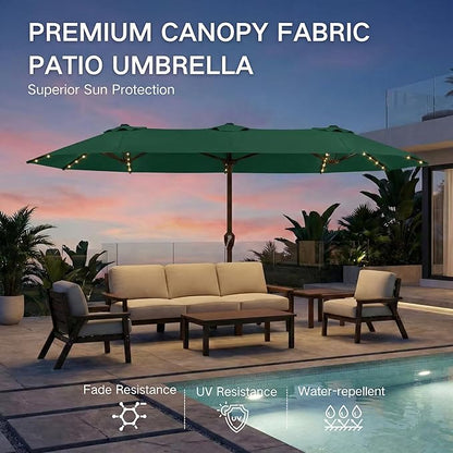 Kingdura 15ft Large Patio Umbrella with Solar Lights, Double-Sided Rectangle Outdoor Table Umbrella with Base Included, 12 Reinforced Ribs, 48 Led Lights, Crank Lift for Market Pool Deck, Dark green