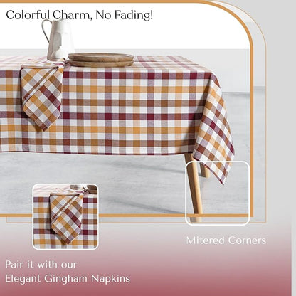 Gingham Check Tablecloth 52x70 Inch, 100% Cotton, Reusable Dining Table Cover for Rustic Decor, Parties, Gatherings, Weddings - Burgundy Wine, Brown, Mustard Yellow, Natural