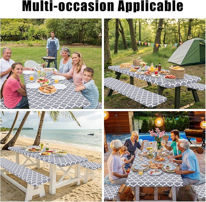 Smiry Picnic Table Cover with Bench Covers, Waterproof Elastic Fitted Tablecloth for 8 Foot Tables, Washable Polyester Tablecloths for Camping, Indoor & Outdoor (Grey, 30x96 Inch 3-pc Set)