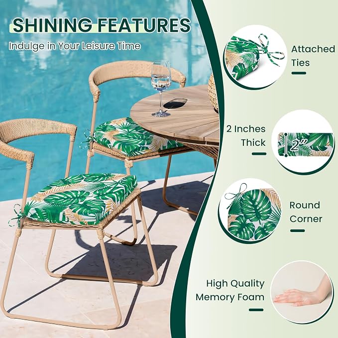 HARBOREST Outdoor Chair Cushions Set of 4, Water Resistant Patio Chair Cushions with Ties, Outdoor Seat Cushions for Patio Furniture, 17"x16"x2", Frond