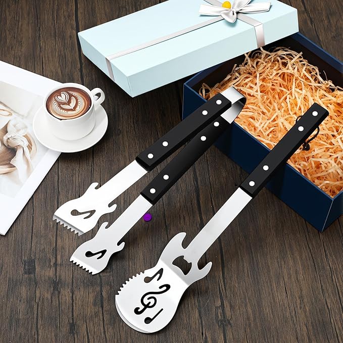 Jingmore 2 Pcs Guitar Gifts for Dad Men Father's Day Grill BBQ Guitar Gift Spatula Tong Fork Heavy Duty Stainless Steel Barbecue Utensils Grilling Accessories Set for Music Lover Enthusiast Birthday