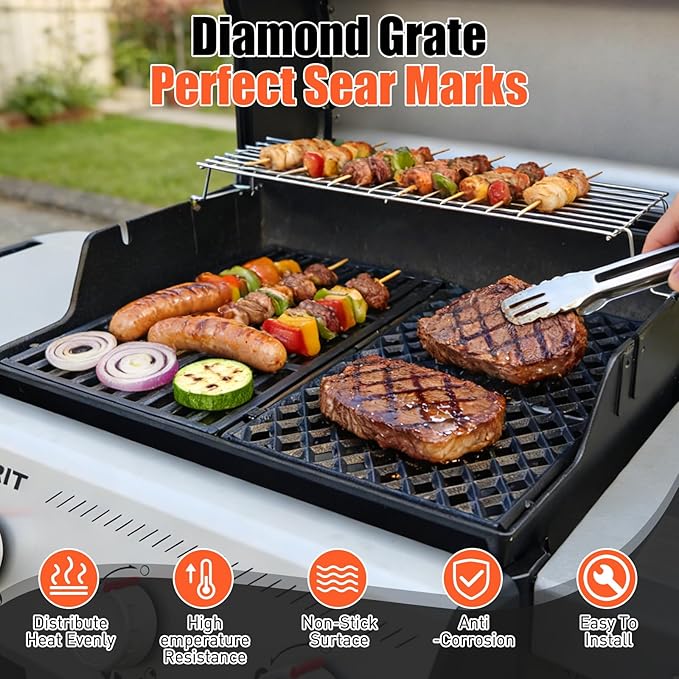 17.5" Dual Sided Diamond Sear Grill Grates for Weber Spirit 200 Series, Spirit E210 E220 S210 S215, Porcelain-Enameled Cast Iron Replacement Grate for Weber GS4 Spirit II E-210 E220, 1 Pack