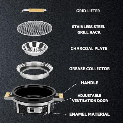 ONLYFIRE GRILLS Ceramic Hibachi Charcoal Grill with Grid Lifter, 14" Portable BBQ Yakitori Grill with Stainless Steel Grate for Outdoor Patio Backyard Barbecue Cooking, GS305