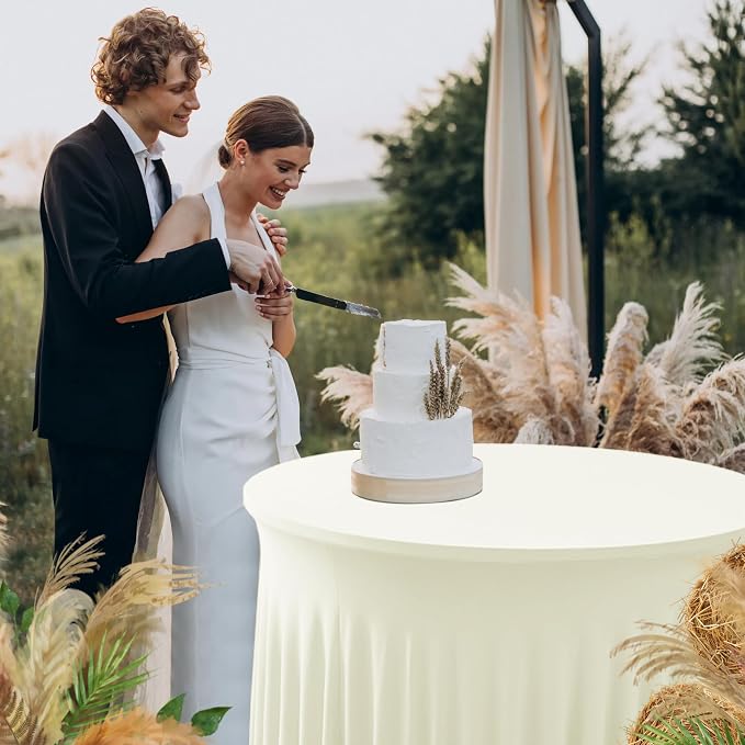 Fitted Beige Spandex Table Skirts for Wedding Party,60 Inch Round,6 Pack | Spandex Table Covers, For 5 Ft Wedding Cake Tables, Wrinkle Resistant, Ruffle Design Banquets, Baby Showers, Parties