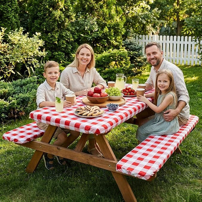 SquarePie Picnic Table Cover with Bench Covers - Waterproof Fitted Elastic Tablecloth for 6 FT Tables - Washable Polyester Camping Table Cloth for Outdoor Patio RV BBQ (Red Checkered, 30"x72")