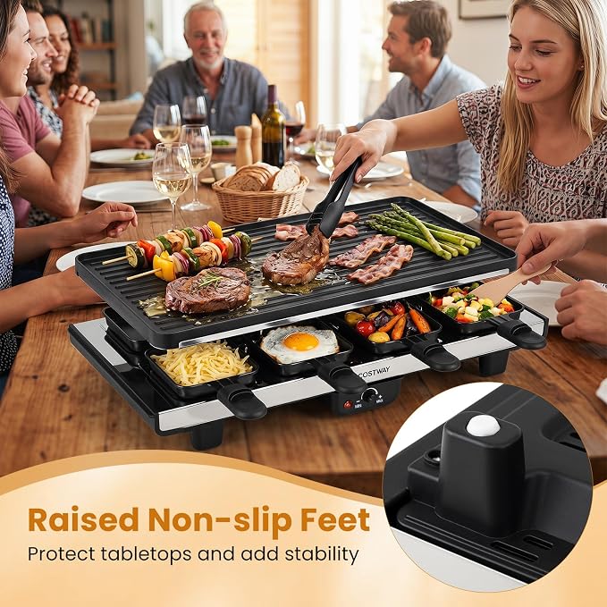 COSTWAY Raclette Grill for 8, 2-in-1 Table Grill & Griddle with Reversible Nonstick Plate, 8 Cheese Pans, 8 Wooden Spatula, Tong & Adjustable Temp Control, 1400W Electric Griller for Indoor & Outdoor