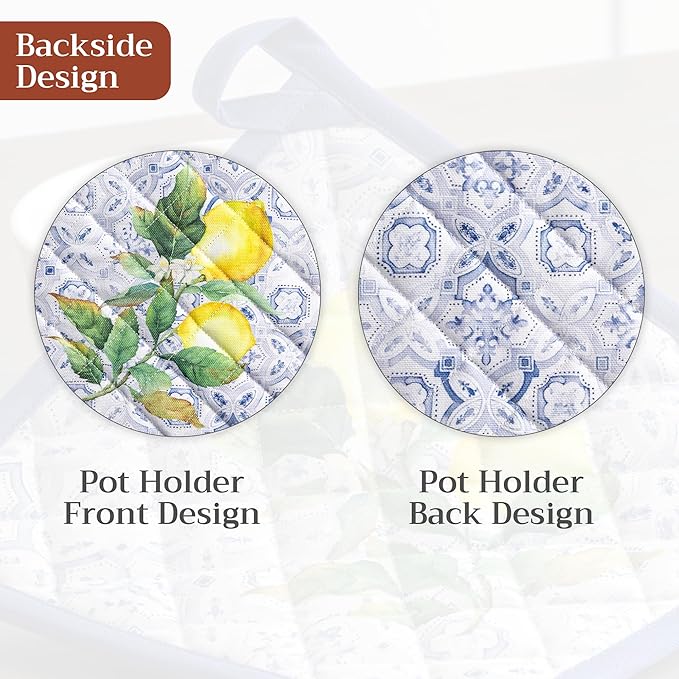 Maison d' Hermine Pot Holders 100% Cotton Heat Resistant Potholders 8" x 8" Hot Pads with Loop BBQ Cooking Baking Hotel Farmhouse Kitchen Handling Hot Pans Spring Summer (Pack of 1, Citrus)