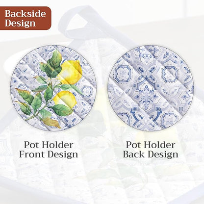 Maison d' Hermine Pot Holders 100% Cotton Heat Resistant Potholders 8" x 8" Hot Pads with Loop BBQ Cooking Baking Hotel Farmhouse Kitchen Handling Hot Pans Spring Summer (Pack of 1, Citrus)