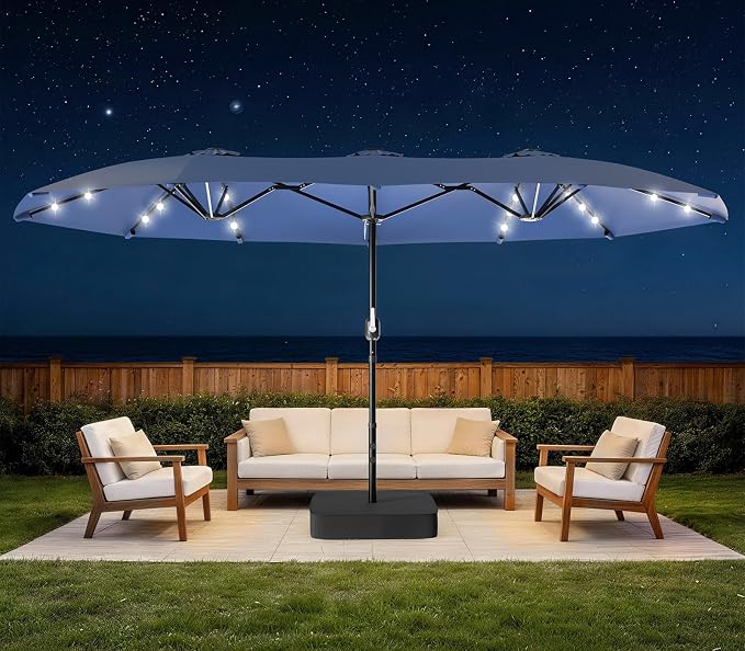 HOPERAN 15FT Patio Umbrella with Base Included, Large Outdoor Double-Sided Rectangle Table Umbrella with Easy Crank Lift, Market Umbrella for Backyard, Pool&Garden