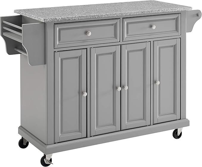 Crosley Furniture Full Size Granite Top Rolling Kitchen Island Storage Cart, Microwave Stand, Spice Rack, Gray