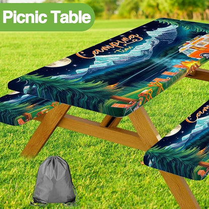 Picnic Table Cover with Bench Covers and Bag, Forest Mountain Lake Fitted Outdoor Table Covers, Camping Essentials, Windproof & Waterproof Tablecloth Cover with Elastic Edge, 3 PCS, 30x96 Inch