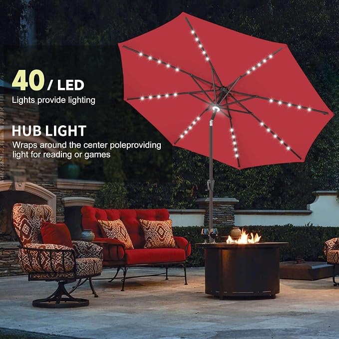 Solar Patio Umbrella Outdoor with Centre Light, 11 ft Red | 40 LED Lights, UV Protection, Solar Outdoor Umbrella for Porch, Deck, Pool, Table, Garden, Provides Evening Lighting