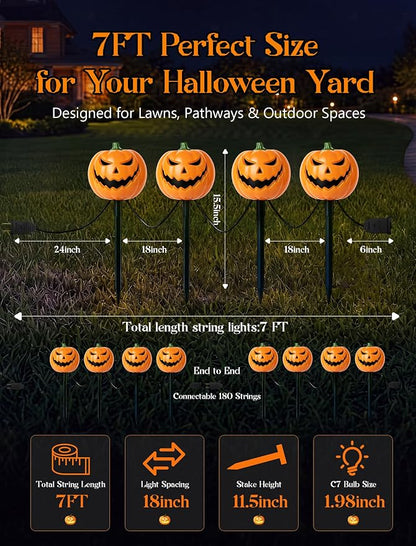7FT Outdoor Halloween Pathway Lights, Set of 4 Smiley Pumpkin Stakes Lights | Waterproof, Connectable Halloween Pumpkin Sidewalk Lights Plug in for Garden Yard Lawn Walkway Driveway Halloween Decorations