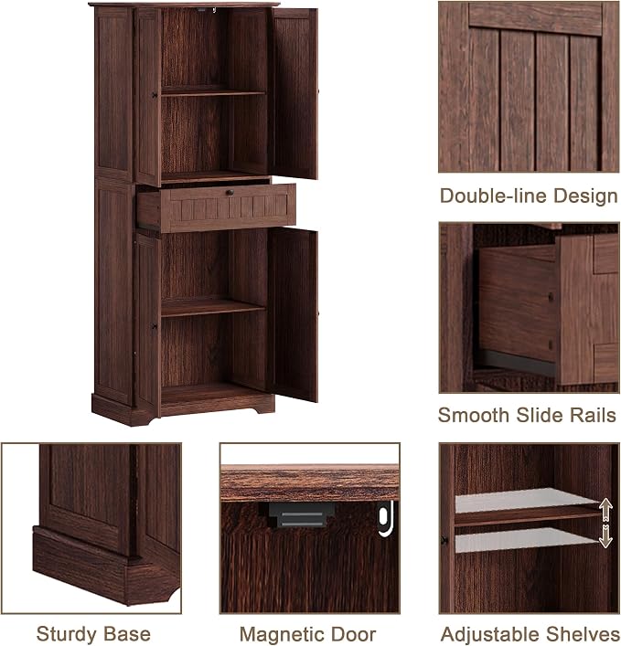 ChooChoo 51" H Bathroom Floor Cabinet with Drawers and Adjustable Shelves | Bathroom Storage Cabinet, Freestanding Kitchen Pantry Cupboard with 4 Doors for Living Room, Walnut