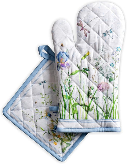 Maison d' Hermine 100% Cotton Oven Mitt & Pot Holder Set (7.5"x13" & 8"x8") Heat Resistant BBQ Cooking Gloves with Loop Baking Grilling Kitchen Hotel Home Farmhouse Spring Summer (Fleurs De Mai)