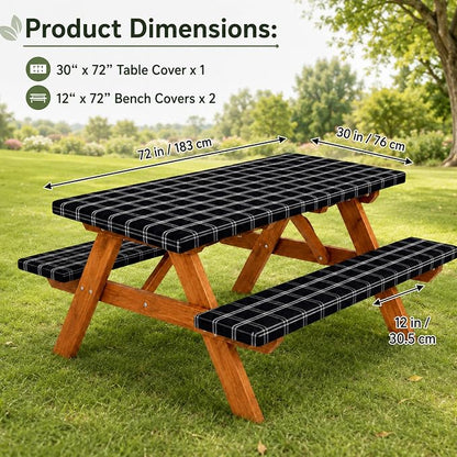 Emwwat Picnic Table Cover with Bench Covers, Waterproof Elastic Corner Fitted Tablecloth for 6 Foot Rectangle Tables, Washable Camping Table Cover Set for Picnic Outdoor BBQ (Black, 72in)