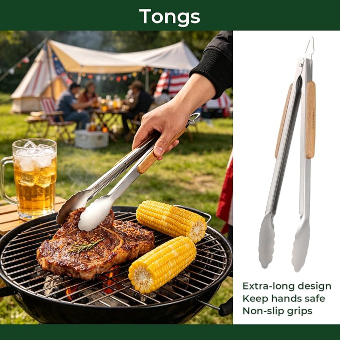 3Pc Wooden BBQ Tool Set, Heavy Duty Spatula, Fork & Tongs | Includes a versatile spatula, heavy-duty fork, and locking tongs for professional barbecuing