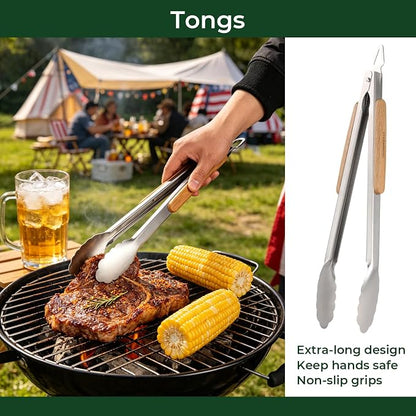 3Pc Wooden BBQ Tool Set, Heavy Duty Spatula, Fork & Tongs | Includes a versatile spatula, heavy-duty fork, and locking tongs for professional barbecuing