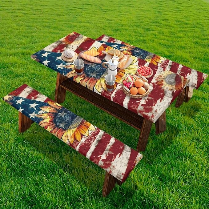 Patriotic Flag Sunflower Picnic Table and Bench Covers 3 PCS Set Camping Table Cloth for Picnic Table for Outdoor Camping