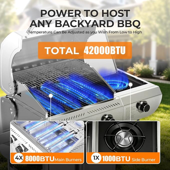 Kismile 4-Burner Propane Gas Grill with Side Burner, Stainless Steel 42,000 BTU BBQ Grill, Enameled Baking Rack & Enamel Grates, Barbecue Grill for Outdoor Cooking, Backyard, Patio, Deck Camping