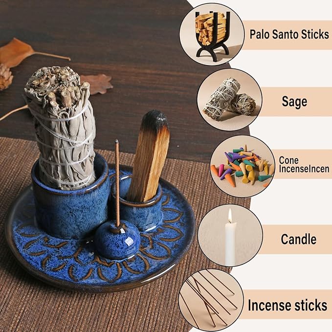 4-in-1 Ceramic Incense Burner Holder for Sticks/Palo Santo/Sage/Candle | 5.12" Ceramic Ash Catcher Tray with Holder, Designed for Meditation, Yoga Room & Home Decor Spaces