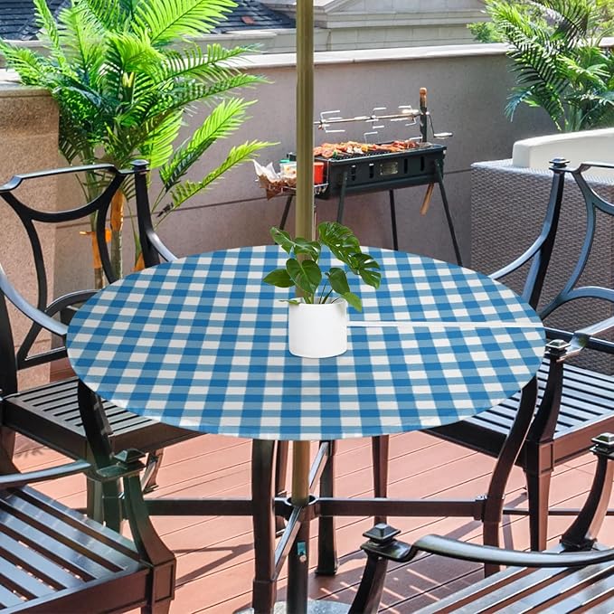 Fitted Round Tablecloth with Umbrella Hole and Zipper Buffalo Plaid Outdoor Elastic Table Cloth 36"-44" Oil-Proof Waterproof Moroccan Patio Table Cover for Dining Picnic Party, Blue and White