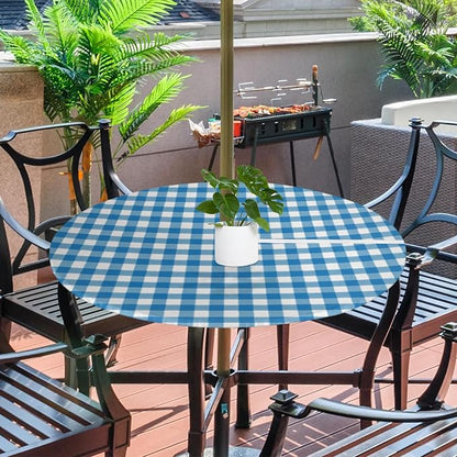 Fitted Round Tablecloth with Umbrella Hole and Zipper Buffalo Plaid Outdoor Elastic Table Cloth 45"-56" Oil-Proof Waterproof Patio Table Cover for Dining Picnic Party, Blue and White