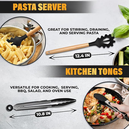 14 Pcs Black Kitchen Utensils Set with Holder for Nonstick Cookware | Silicone Cooking Utensils Set for BBQ; Heat-Resistant Tools with Wooden Handles for Baking, Serving, Frying, and Mixing